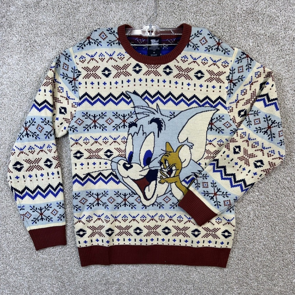 Tom and Jerry Mens Holiday Fair Isle Ugly Christmas Sweater Multicolor Size M